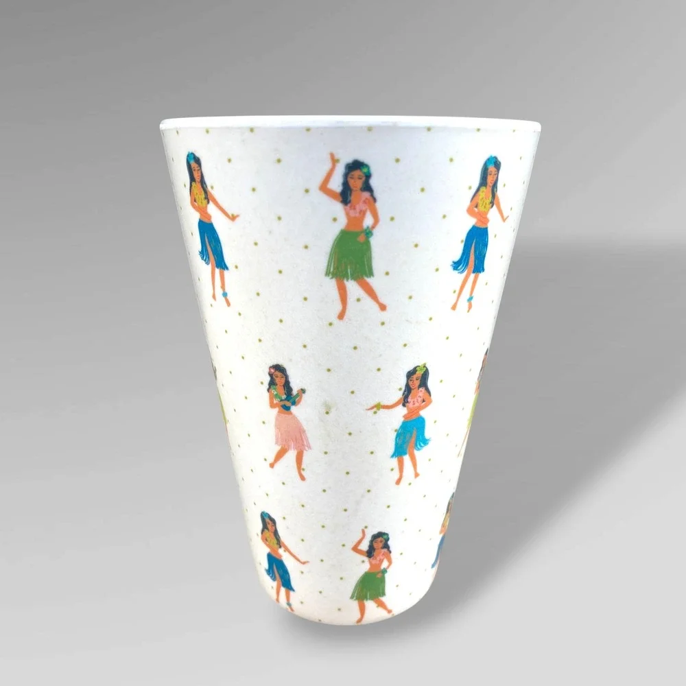 Fig & Fern Hula Girl Tumbler Set of 4 Tropical Retro Tiki Melamine Style Cups‎